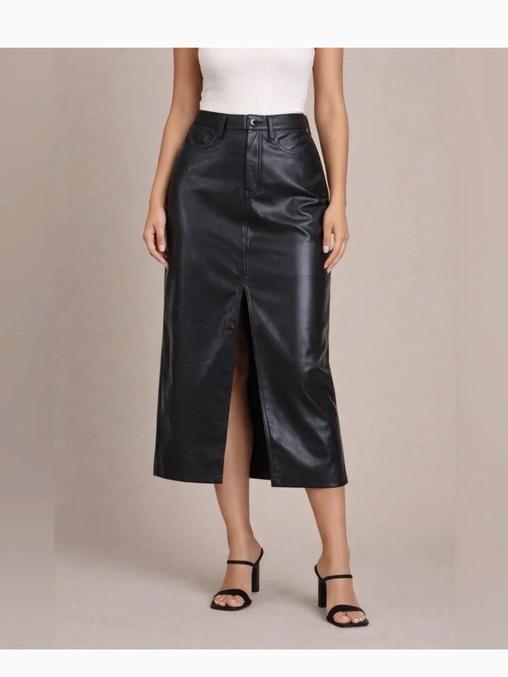 Hollister Black Faux Leather Midi Skirt with Center Slit